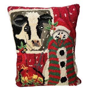 Grandin Road Pillow Hooked Wool 14x16 Christmas Cow Snowman Cover with Insert